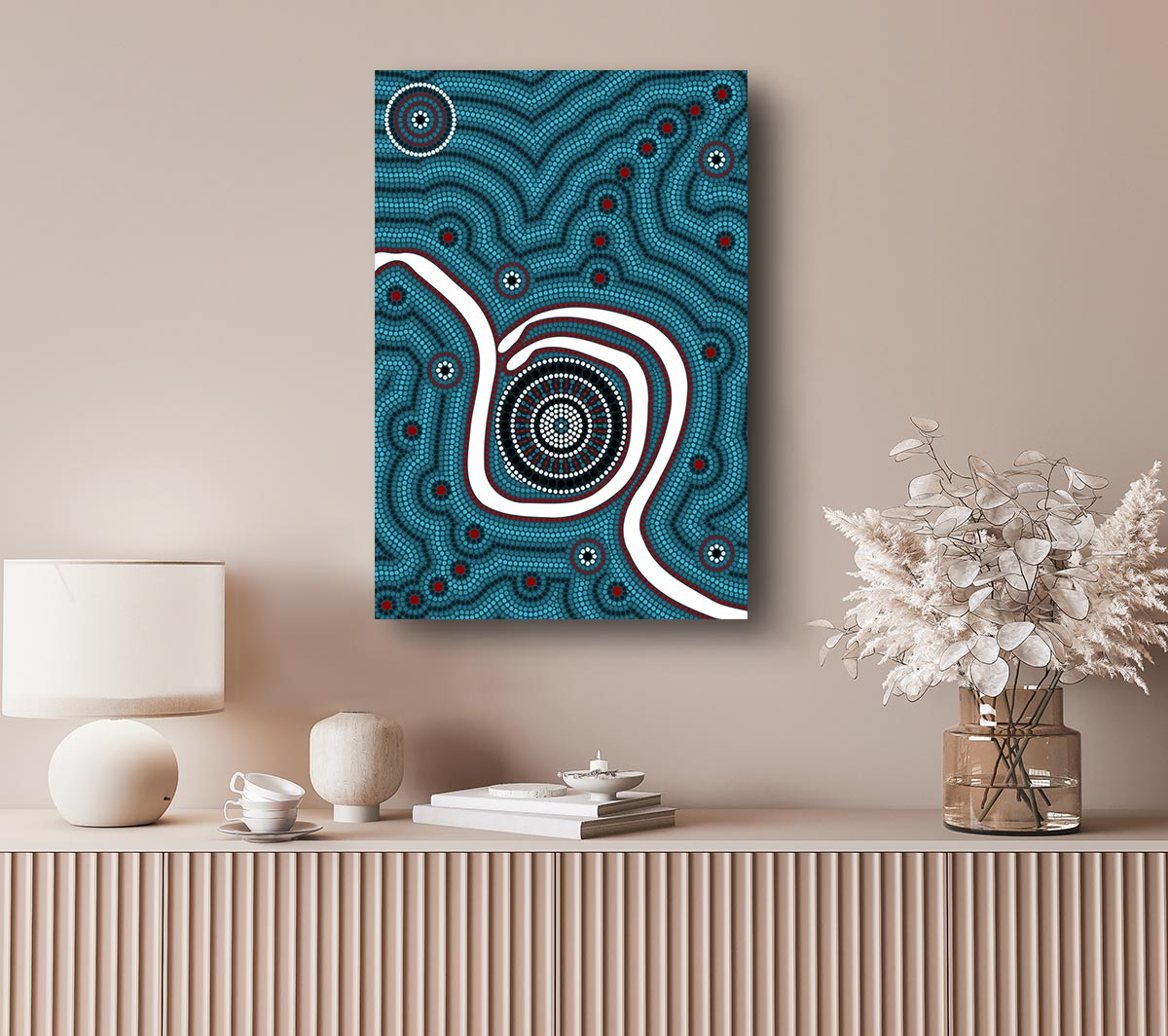 Aboriginal Pattern 1 canvas art mounted on a 44mm box frame, showcasing vibrant colors and intricate designs.